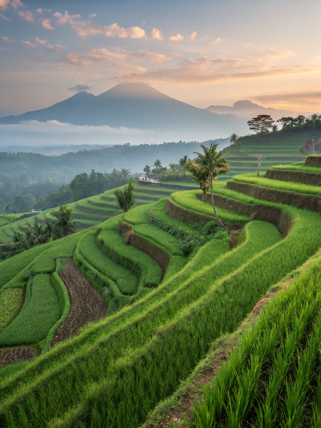 Tegallalang Bali green rice terraces in morning sunlight