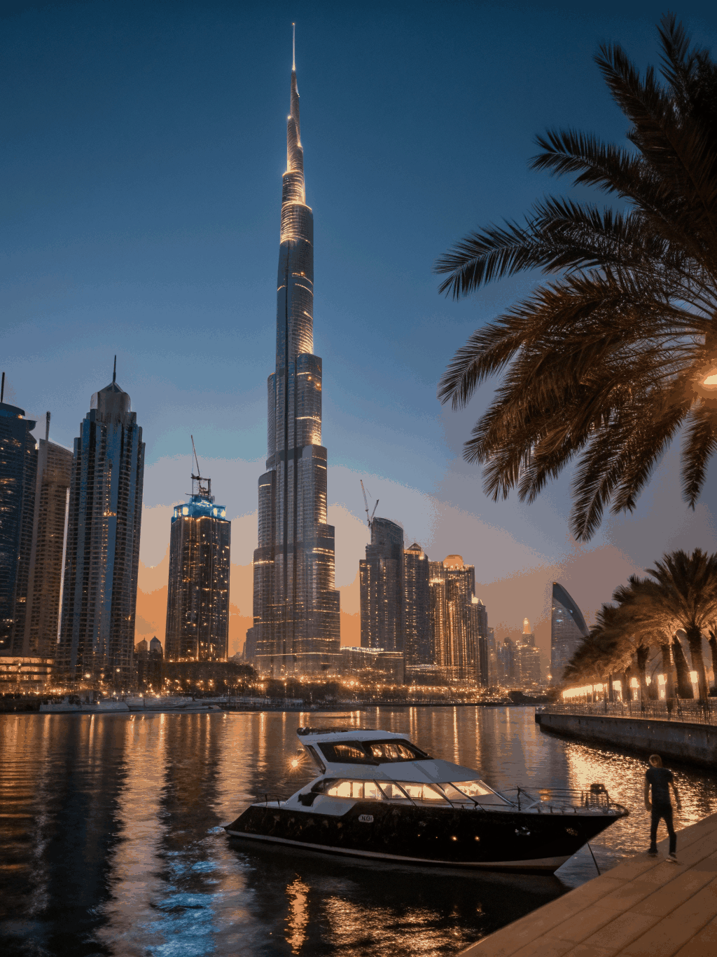 Dubai skyline with Burj Khalifa towering above modern marina