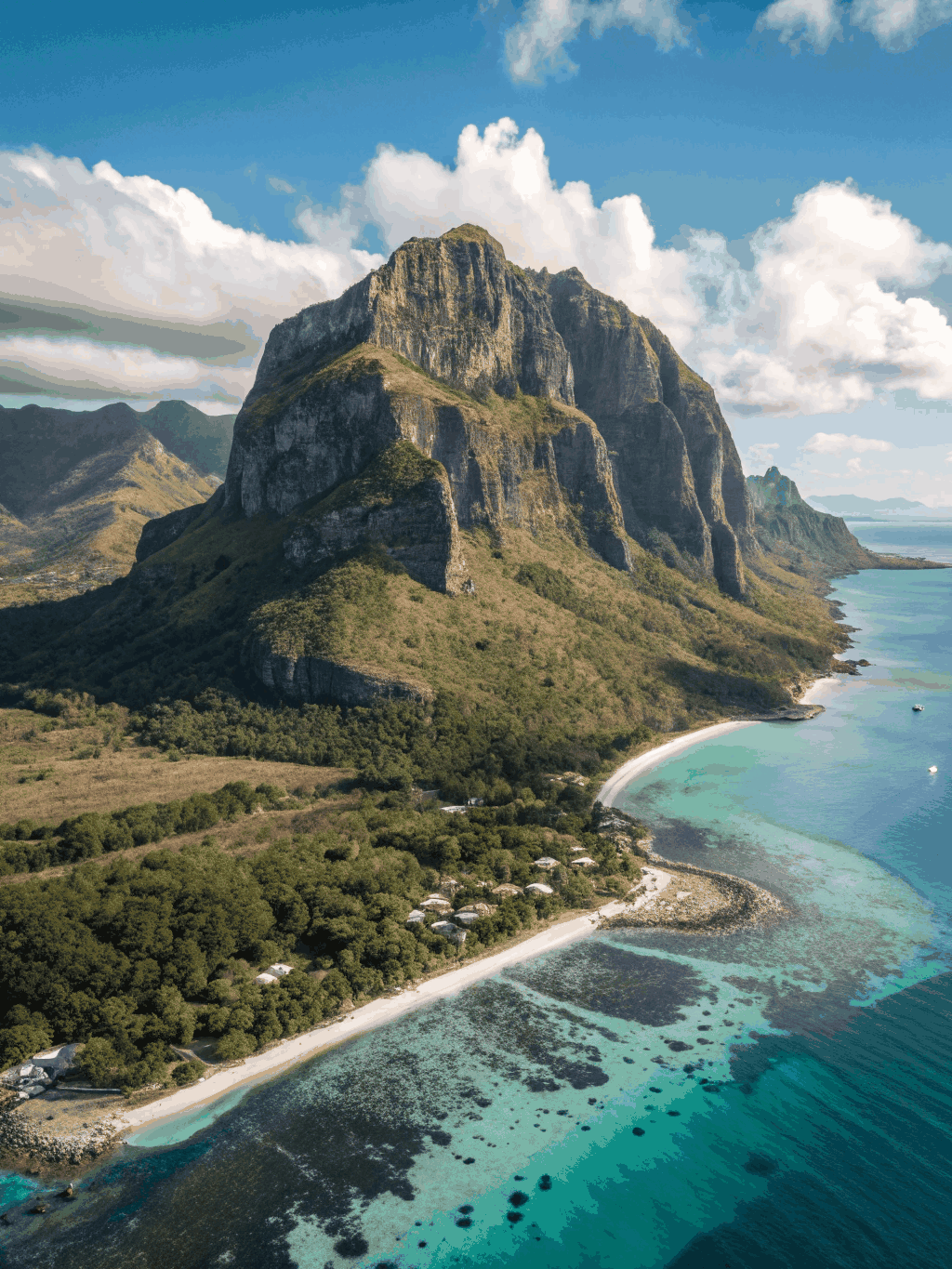 Mauritius white sand coastline with Le Morne mountain backdrop