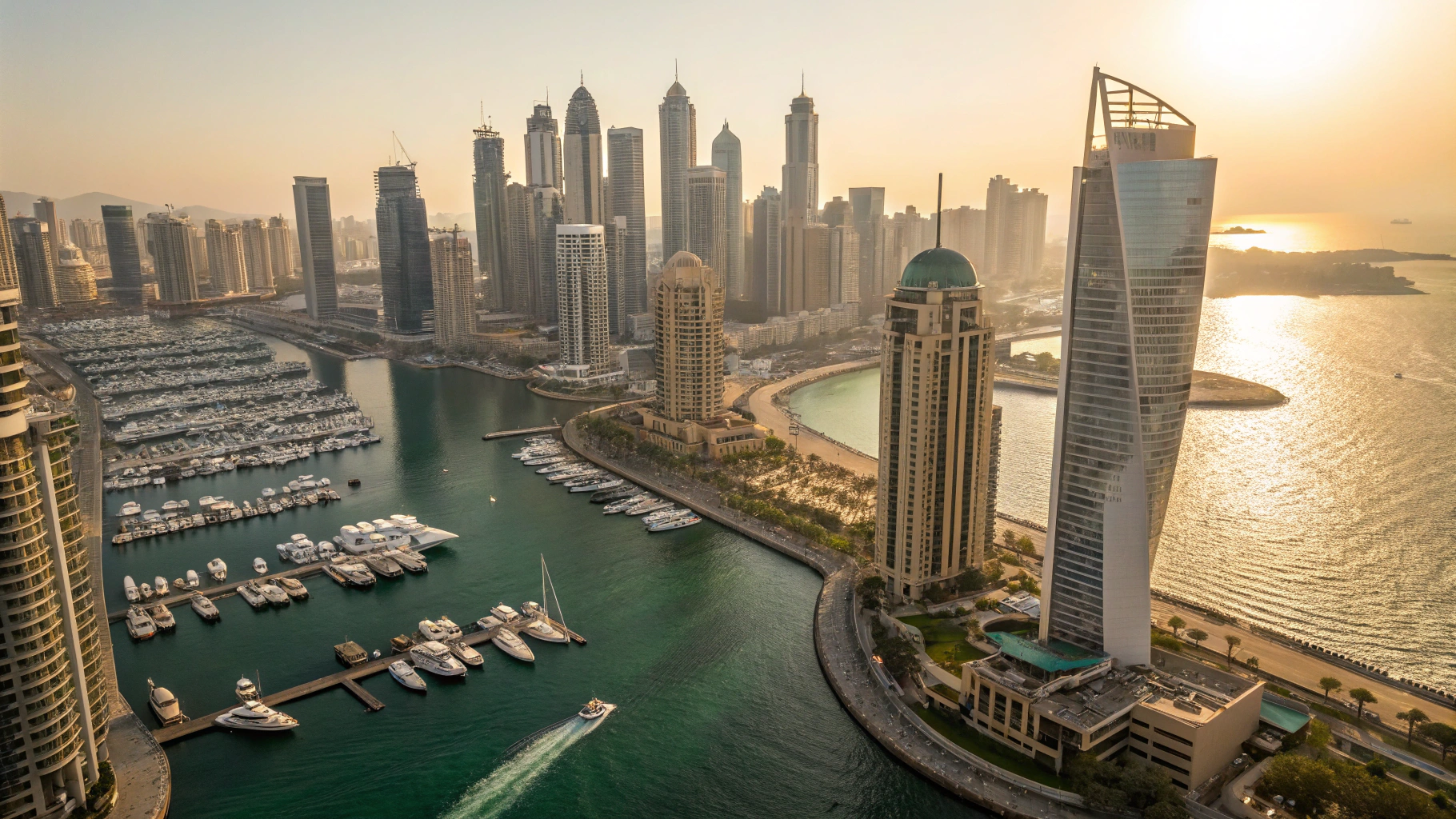 Dubai Marina modern skyline and luxury yachts at sunset