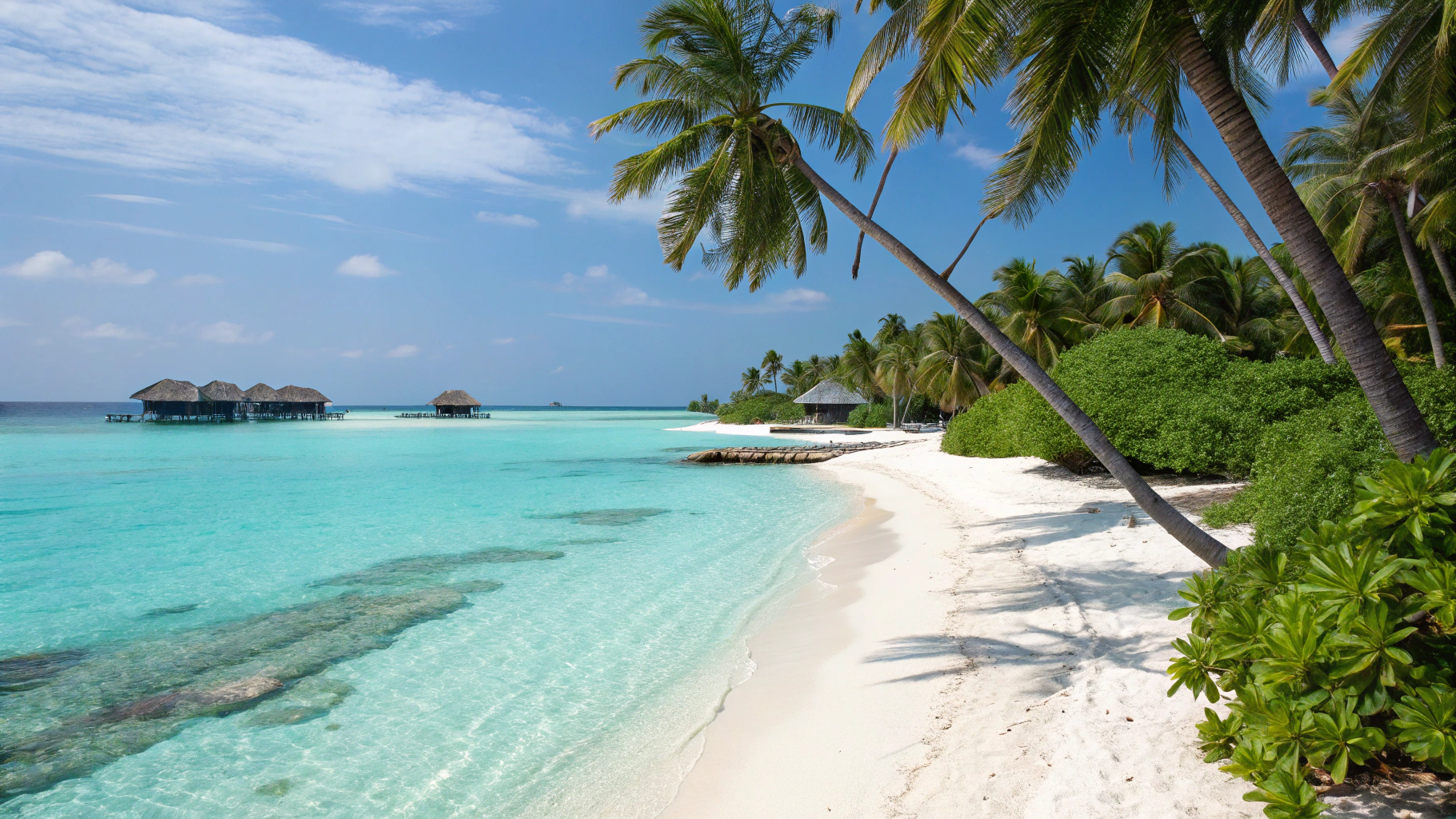 Maldives turquoise lagoon and wooden walkway to overwater villas