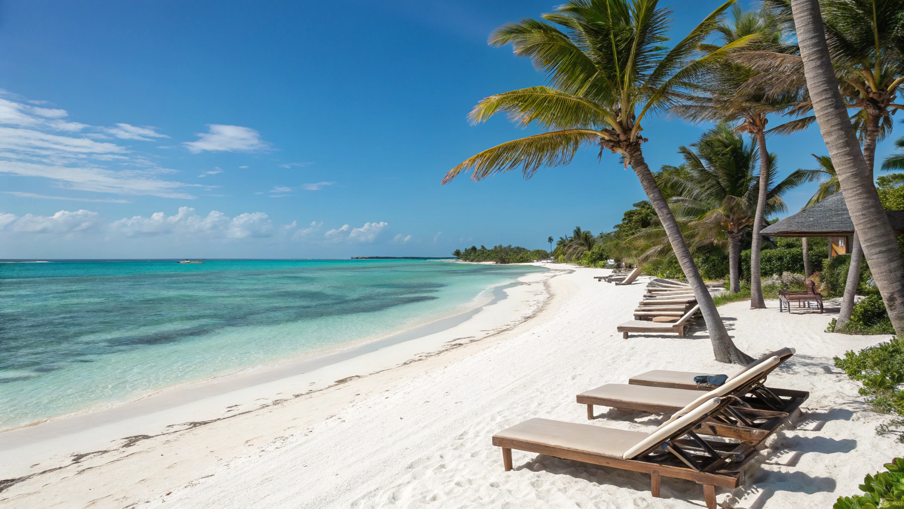 Pristine white sand coastline and palm trees in Mauritius