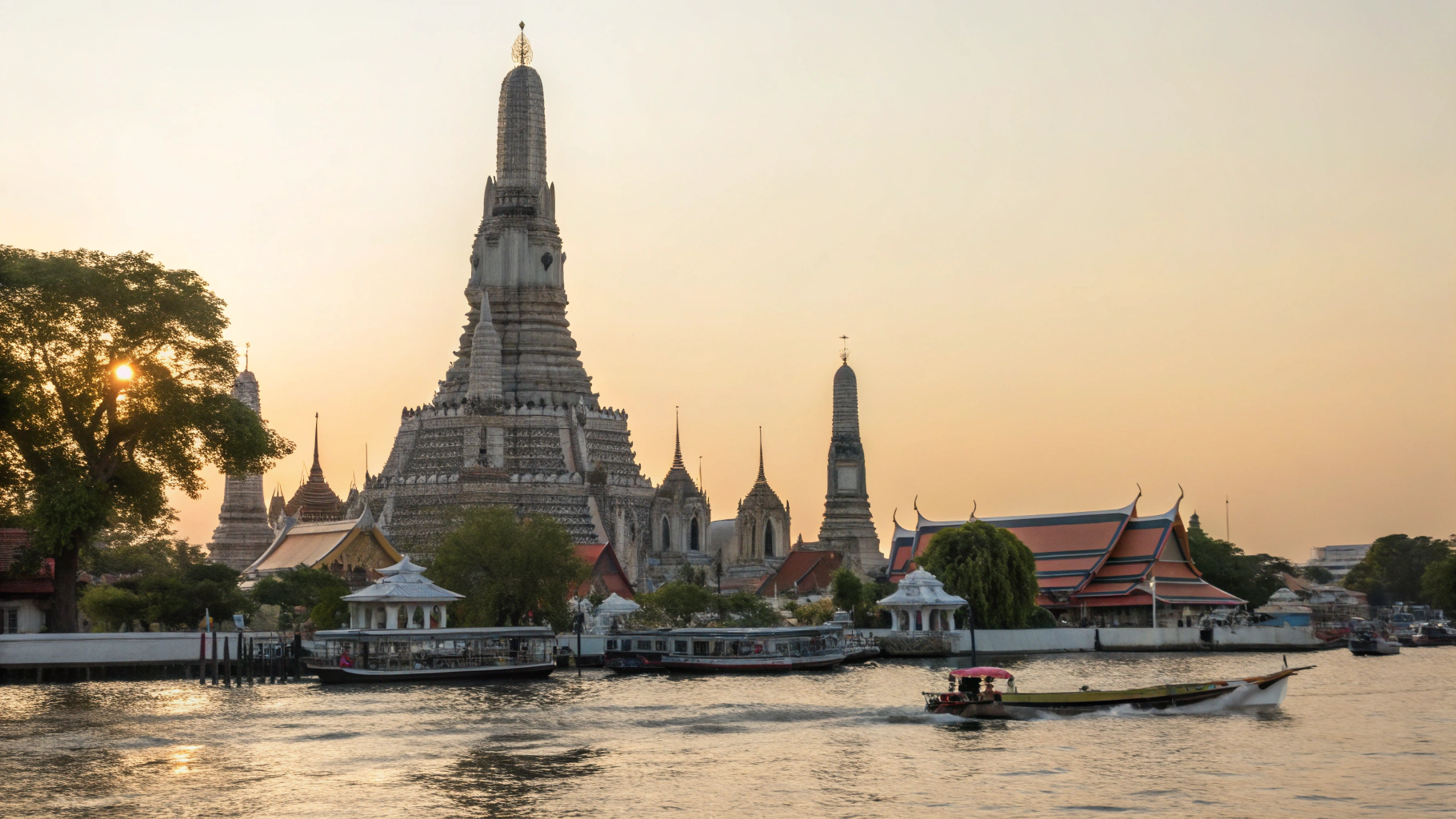 Golden temple spires and beach coastline in Bangkok and Pattaya