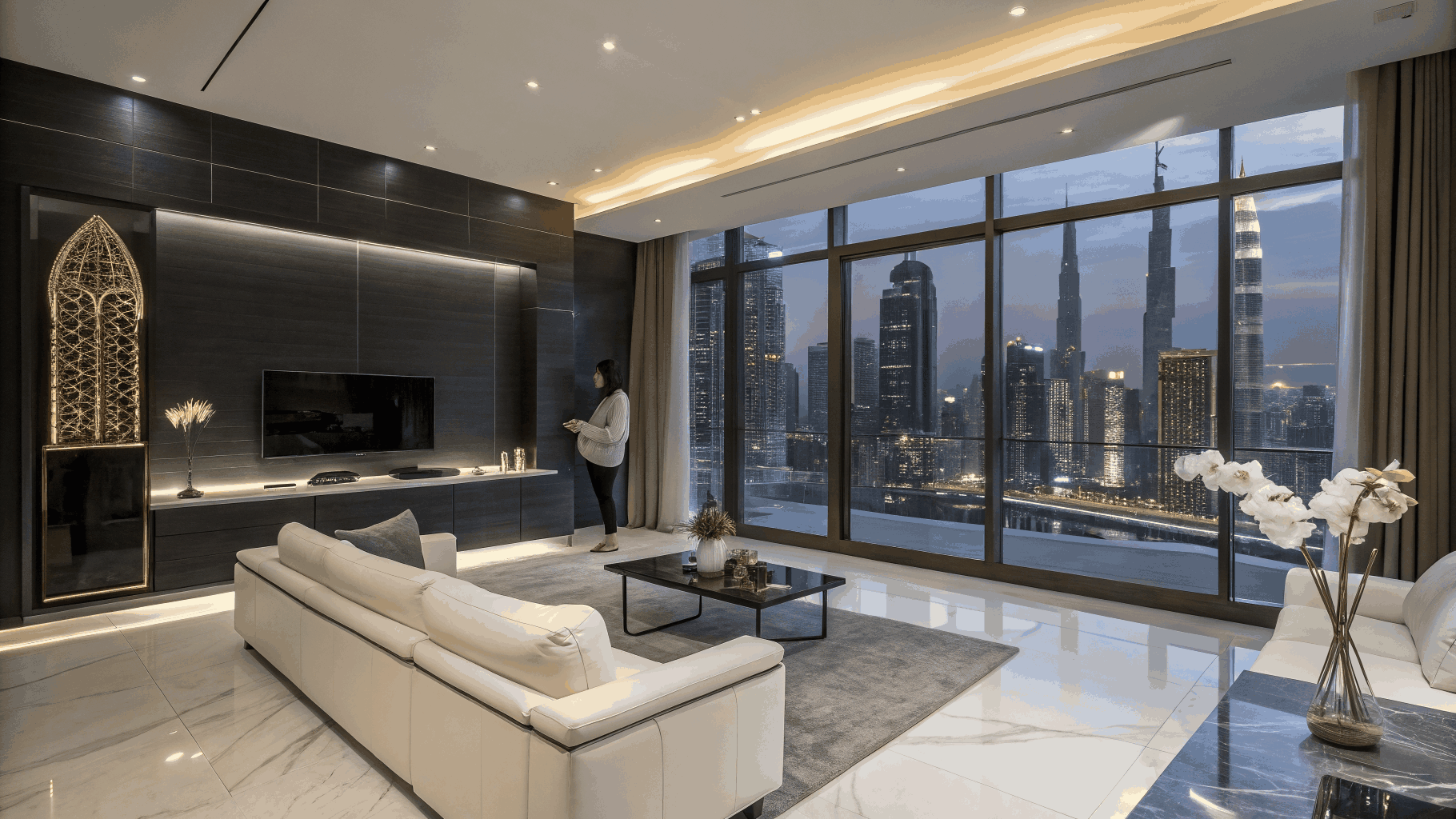 High-rise luxury hotel room overlooking Dubai Marina skyline arranged by Travizi